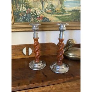 Antique Oak Barley Twist Silver Candle Holders Vintage Wood Barley Twist